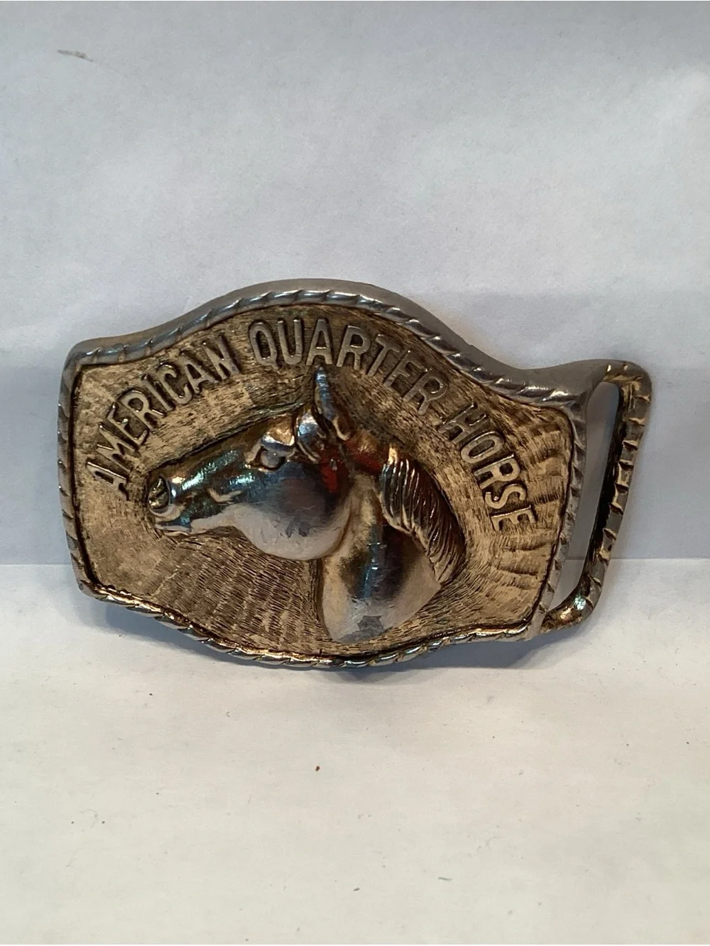 Vintage American Quarter Horse Belt Buckle Gold Tone Brass JJJ Heavy Equestrian